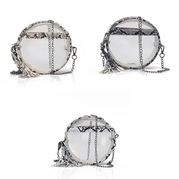 

Women Clear Snakeskin Pattern Crossbody Bag Round Transparent Purse Shoulder Handbag with Tassel Satchel Tote LX9F