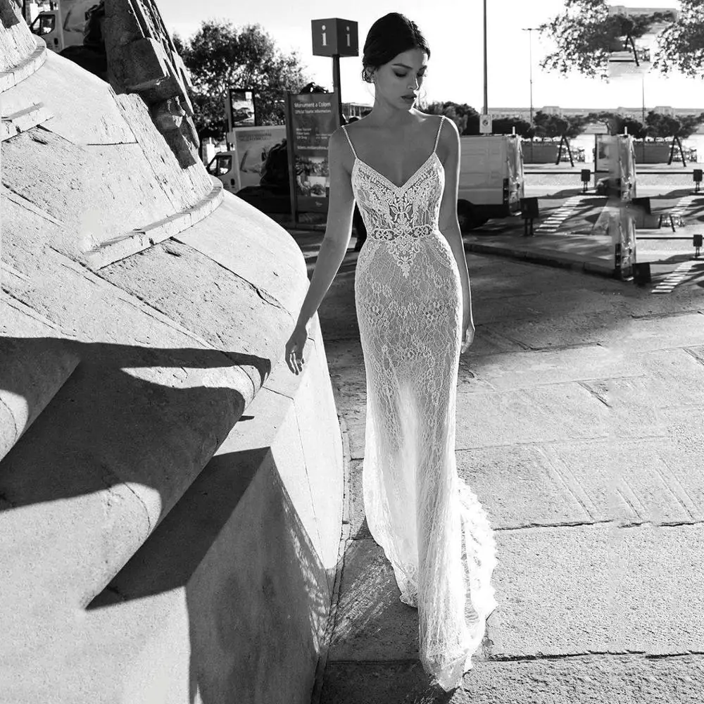 LORIE Lace Mermaid Wedding Dress 2019 Vestidos de novia Spaghetti Straps Lace Sexy Bridal Gown Elegant Backless Wedding Gowns 2
