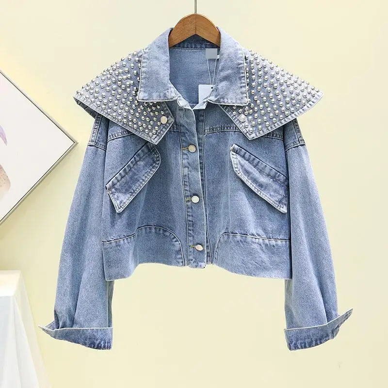 2019 Short Denim Coat Women Clothing Loose Heavy Work Rivet Denim