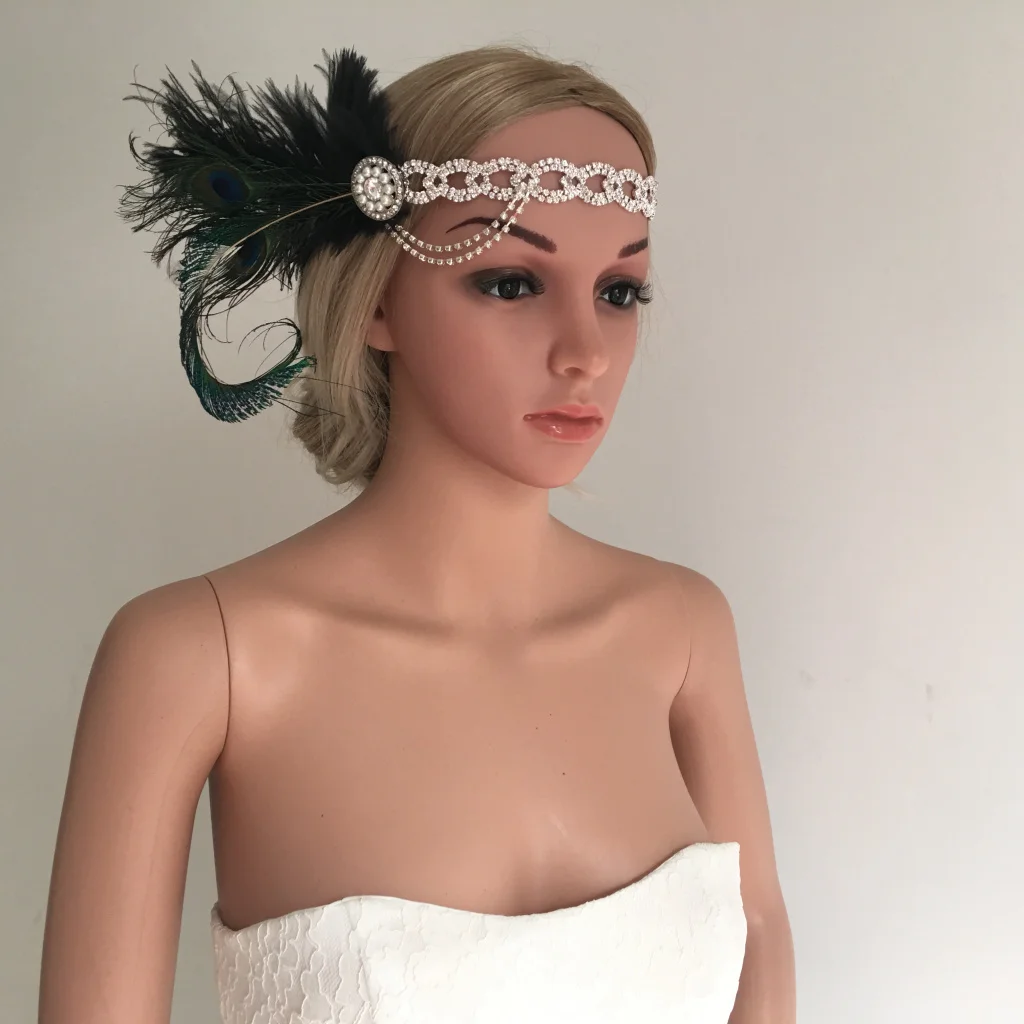 Women Peacock Feather Crystal Chain Tassel Pearls Fascinator 20s Flapper Headband Wedding Party Prom Cocktail Hair Accessory