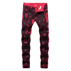 2021 New Arrivals Skull Print Tie Dye Men Hip Hop Pencil Jeans Trousers Red Punk Women Casual Slim Denim Pants Pantalones Hombre