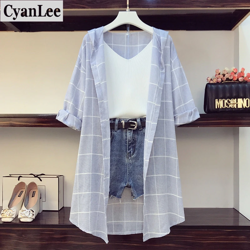 2020 New Arrival Casual 3 Piece Set Women 3/4 Sleeve Plaid Long Hoodies Sunscreen Shirts + Knitted Vest + Hole Denim Short Sets 2020 New Arrival Casual 3 Piece Set Women 3/4 Sleeve Plaid Long Hoodies Sunscreen Shirts + Knitted Vest + Hole Denim Short Sets