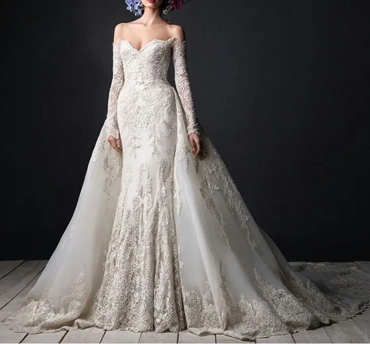 Luxe vestido de noiva Kant Met Lange Mouwen Sweetheart Afneembare Trein bruidsjurk Uit De Schouder Moeder Van De Bruid Jurken Luxe vestido de noiva Kant Met Lange Mouwen Sweetheart Afneembare Trein bruidsjurk Uit De Schouder Moeder Van De Bruid Jurken