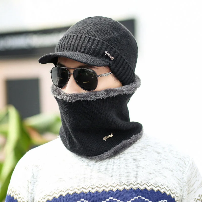 Новая зимняя шапка, шарф набор Skullies зимняя шапка бини для мужчин женский шерстяной шарф головные уборы, Балаклава шапка-Маска Вязаная Шапка