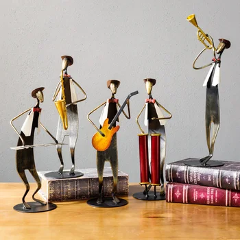

EUROPEAN STYLE METAL IRON MAN MUSIC BAND FIGURINES MUSICAL INSTRUMENT DECOR ORNAMENTS DRUMMER GUITAR HOME FURNISHING ACCESSORIES