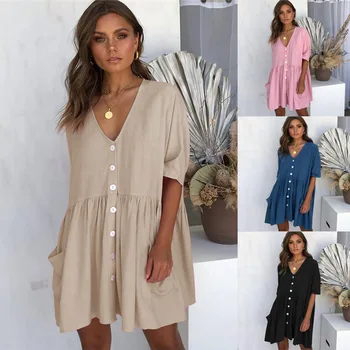 

clothing OWLPRINCESS 2020 Summer New V-neck Pocket One Breasted Dress