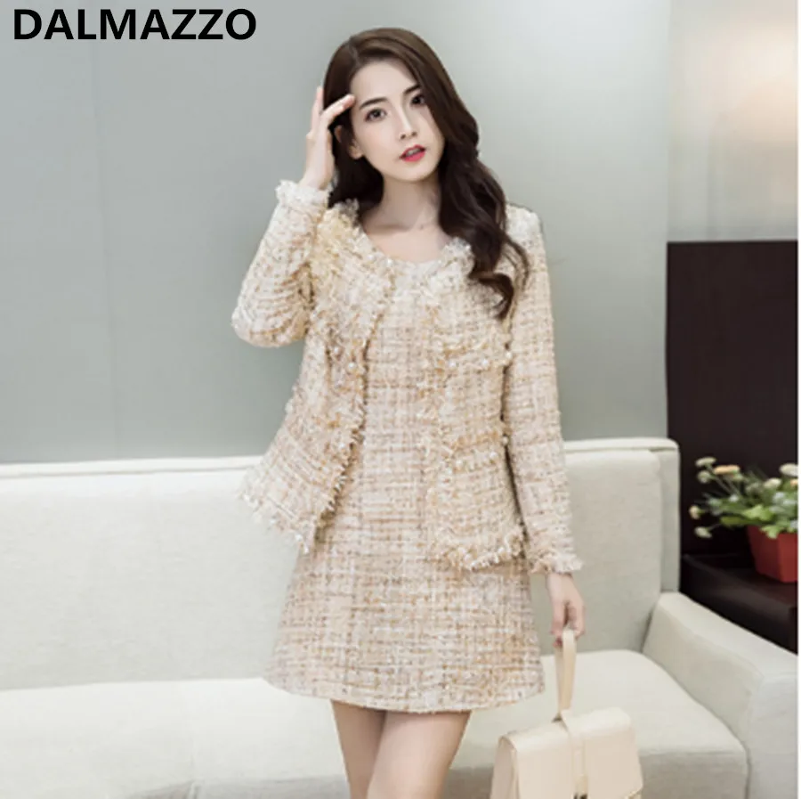 

Ladies Beading Tassel Tweed Coat Suit 2019 Newest Autumn Runway Women's Jacket Wool Blends Vest Mini Dress 2 pieces Set S-XL