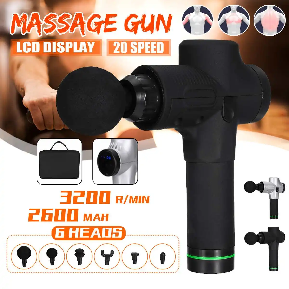 

Body Deep Muscle Massage Guns LCD Display 20 Gear Electric Therapy Massager Home Deep Tissue Pain Relief With 6Heads + Bag