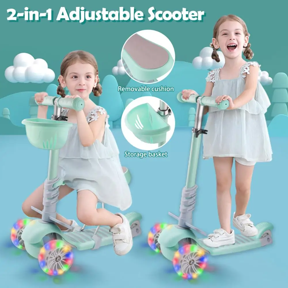 Patinete 2 en 1 para niños, con 3 ruedas LED, manillar ajustable y asiento extraíble, juguetes para ejercicios