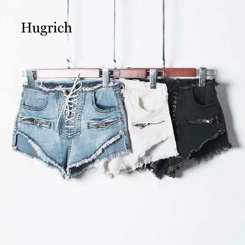 Women Loose Mid Waist Crimping Denim Shorts Fitness Cotton Pockets Lace-Up Short Jeans