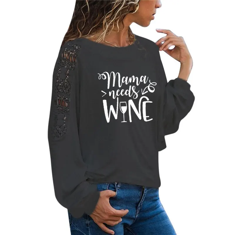 Футболка женская с надписью Need Wine модная уличная одежда длинным рукавом
