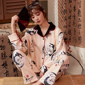 

Women's Pajamas Set Autumn Loose Turn-down Collar Sleepwear Homewear Cotton Pyjamas Women Home Suit Big Size M-3XL