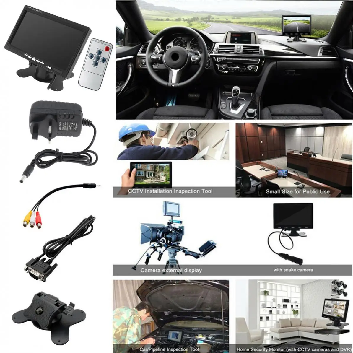 7 дюймов 1024x600 TFT lcd монитор заднего вида автомобиля 2 видео входа DVD VCD подголовник автомобиля монитор Поддержка аудио видео HDMI VGA