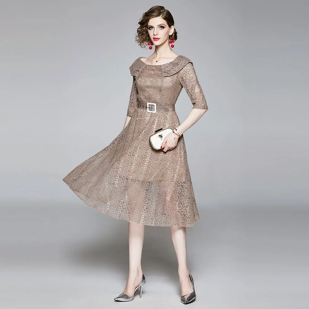 Autumn Vintage Casual Lace Long Dress Women New Fashion England Style Elegant A-line Ladies Evening Party Dresses N1556