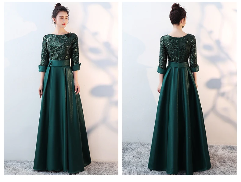 evening maxi dresses U1046 Vintage Long Dress O-Neck Evening Dresses Satin A-line Robe De Soiree Elegant Women Formal Wedding Party Gown plus size evening dresses