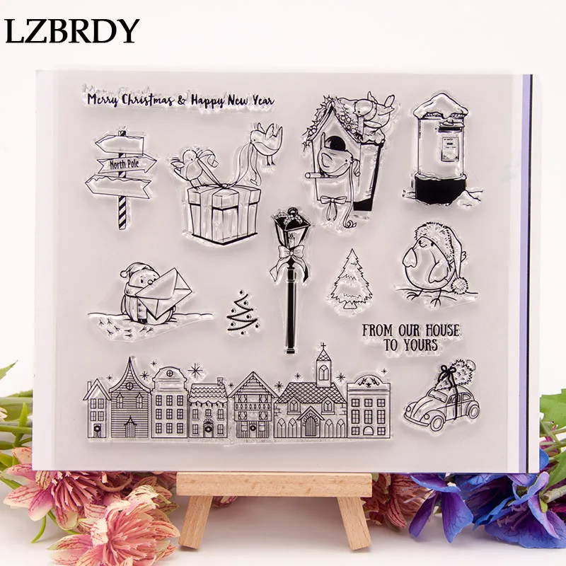 

Snowman Castle House Street Light Car Stamps Letters Clear Rubber Stamps for Scrapbooking Card Making Christmas Craft Stamps