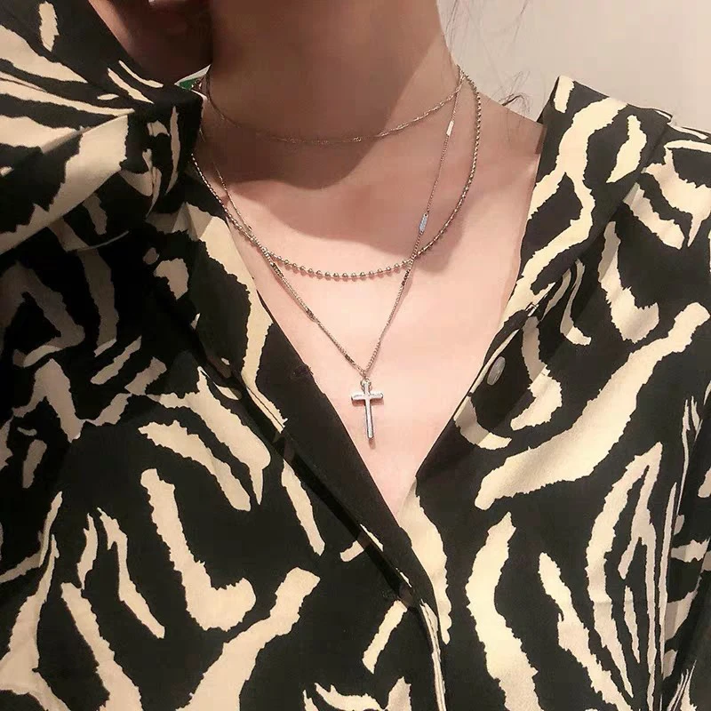 Simple Multi-layer Gold Cross Chain Pendant Necklace Exaggerate Punk Women’s Fashion Beads Choker Ladies Party Jewelry Girl Gift