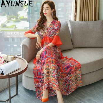 

AYUNSUE 100% Silk Dress Women Summer Floral Beach Boho Dress Elegant Long Maxi Dress Party Vestidos Mujer 2020 ZS86A KJ4373