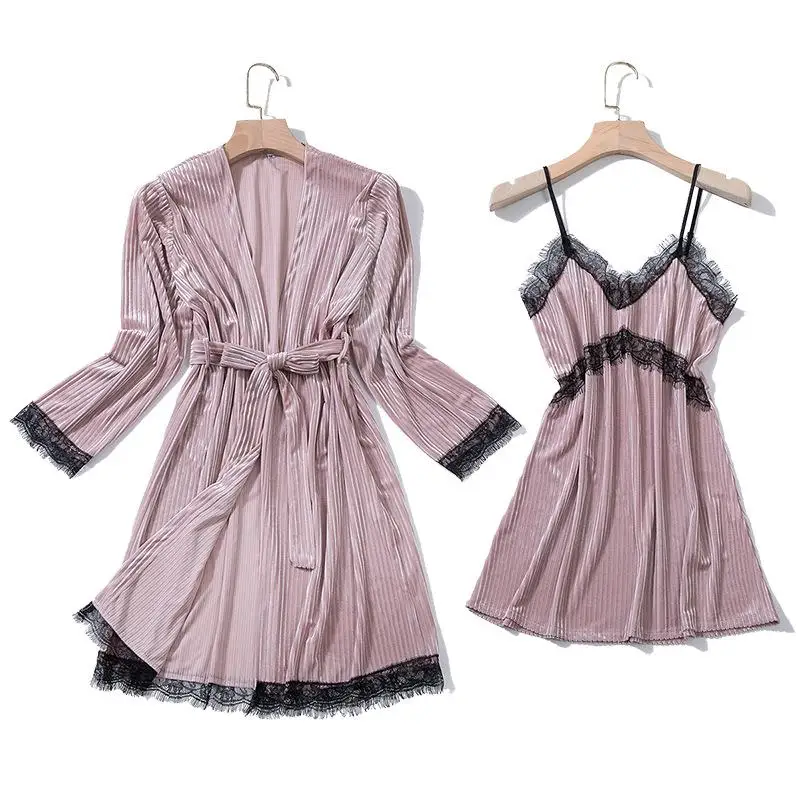 Зимний велюровый ночной халат, сексуальный женский комплект из 2 предметов, топ на бретелях, комплекты одежды для сна, Повседневная Пижама домашняя одежда, ночное кимоно для сна, банное платье - Цвет: Розовый