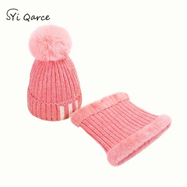 Pink SYi Qarce Стиль 2 шт./компл. детская зимняя вязаная шапка и шарф, набор вязаные круглые шапки без полей для 2-4 года старая, для маленьких мальчиков, спортивный костюм, Утепленная одежда комплект - Цвет: Pink