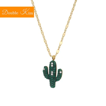 

Cactus Green Zircon Pendant Necklace Titanium Stainless Steel Material Chain Necklace Inlaid Zircon Trendy Women Jewelry Gift