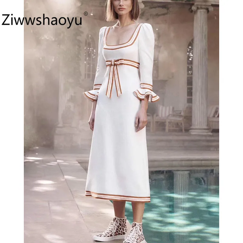 

Ziwwshaoyu Elegant Women's Autumn Winter Simple Dress O-Neck Flare Sleeve Stripe Bow Runway Midi Dresses