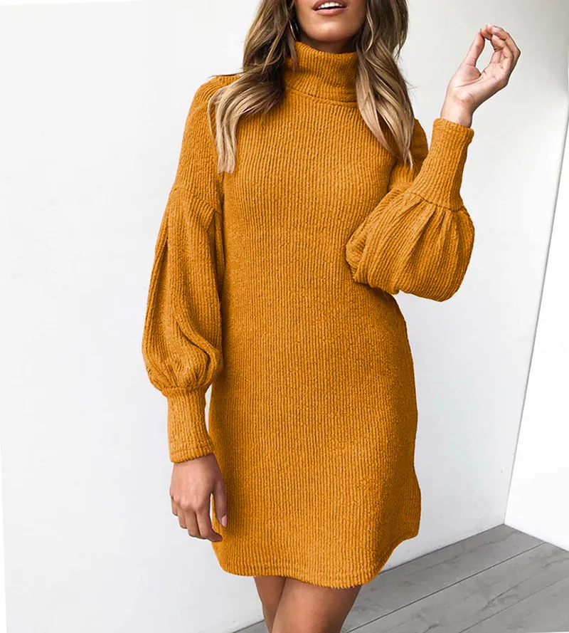 

AutumnTurtleneck Long-sleeved Dress for Women Fashion Lantern Sleeve Solid Color Women Dress