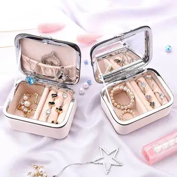 

Fine Pink Jewlery Box Solid Color Ring Earring Pendants Multifunction Box Cute Romantic Elegant Pocket with Mirror Jewlery Box