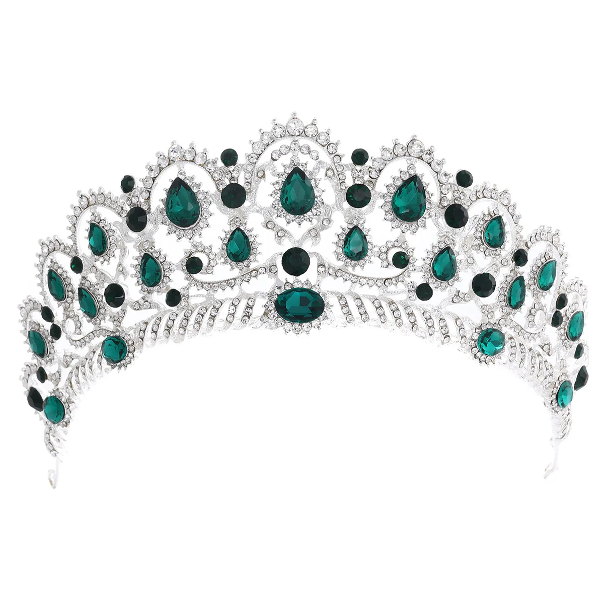 Silver Green Роскошная свадебная тиара, большие стразы, кристалл, Королевская корона, свадебные аксессуары для волос, диадема, головная повязка, пышные украшения для волос, головной убор - Окраска металла: Silver Green