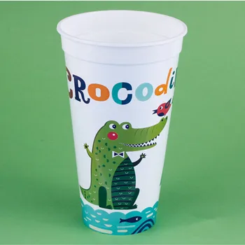

50pcs High quality thick 500ml plastic injection cup with patterned cartoon crocodile milk tea plastic juice dessert drink cup