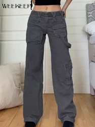 Weekeep moda mid rise jeans feminino streetwear vintage zíper multi bolso calças jeans retas y2k grunge para senhoras