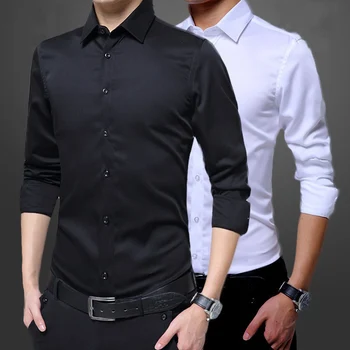 

Hot Mens Long Sleeve Shirts Dress Up Professional Shirt Simple Men's White Slim Fit Shirts Solid Color Men Business Dress Shirt