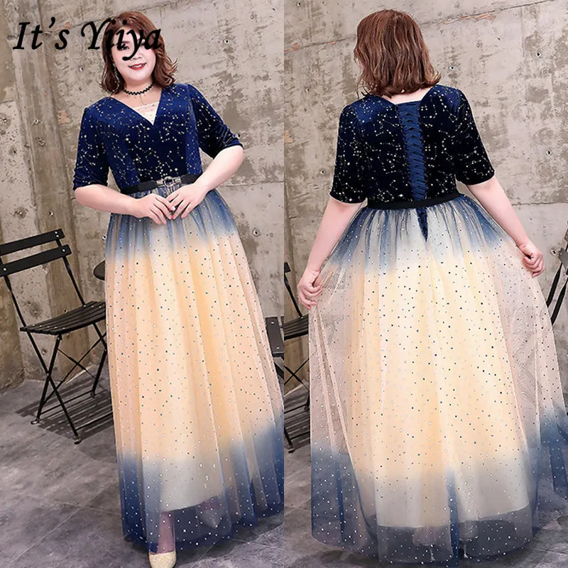 

It's Yiiya Evening Gowns V-Neck Vintage A-Line Plus Size Half Sleeve Robe De Soiree DX019 Crepe Floor-Length Evening Dress 2020