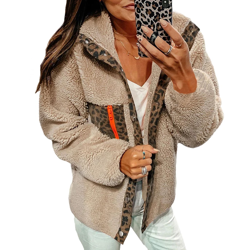 discounted  Autumn Winter Jacket Female Teddy Cozy Coat New Fleece Warm Casual Patchwork Leopard Jackets Woman 
