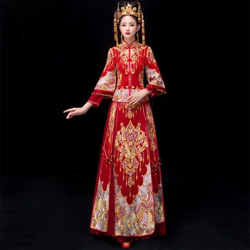 

Plus Size 5XL 6XL Bride Traditions Red Women Phoenix Embroidery Cheongsam Long Qipao Wedding Dresses Traditional Chinese Dress