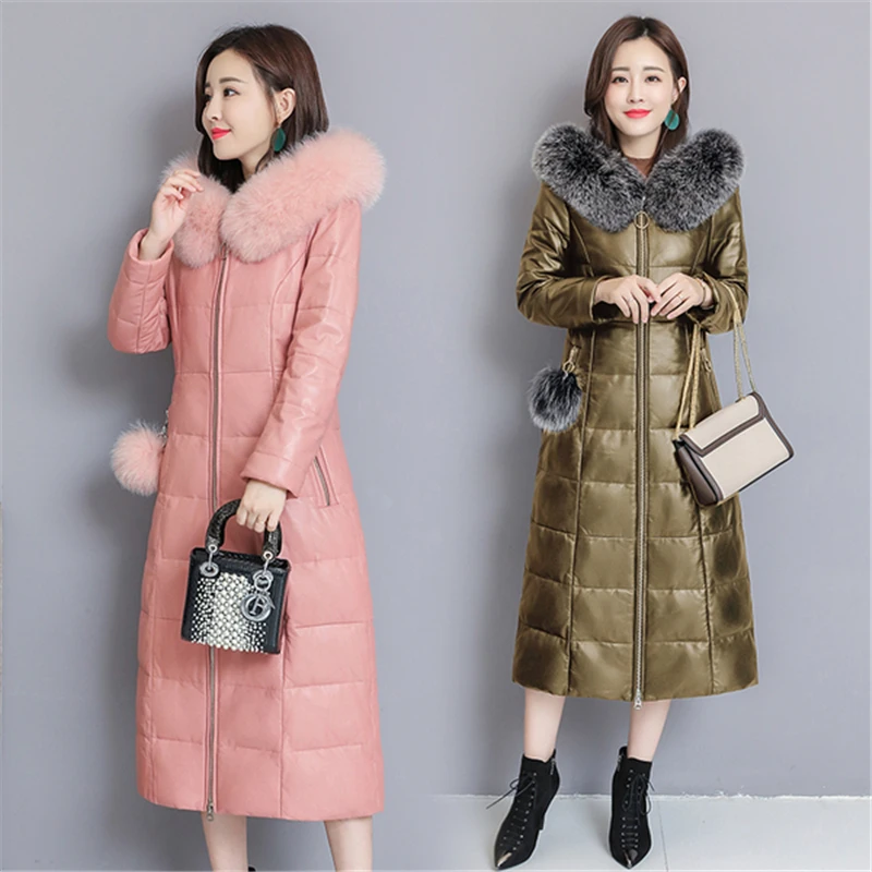 Зимнее пальто из натуральной кожи для женщин Повседневная теплая меховая толстовка с лисой длинная куртка из натуральной кожи зимнее пальто для женщин casaco feminino
