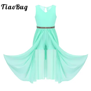 

Kids Girls Sleeveless Dancing Leotard Chiffon Maxi Dresses with Shiny Rhinestone Belt Pageant Ballroom Party Dress Dance Costume