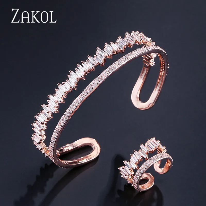 ZAKOL, Новое поступление, набор ювелирных изделий круглой формы, изысканный микро-Браслет-манжета, браслет и кольцо, набор, бижутерия, FSSP376 - Окраска металла: Set Rose Gold