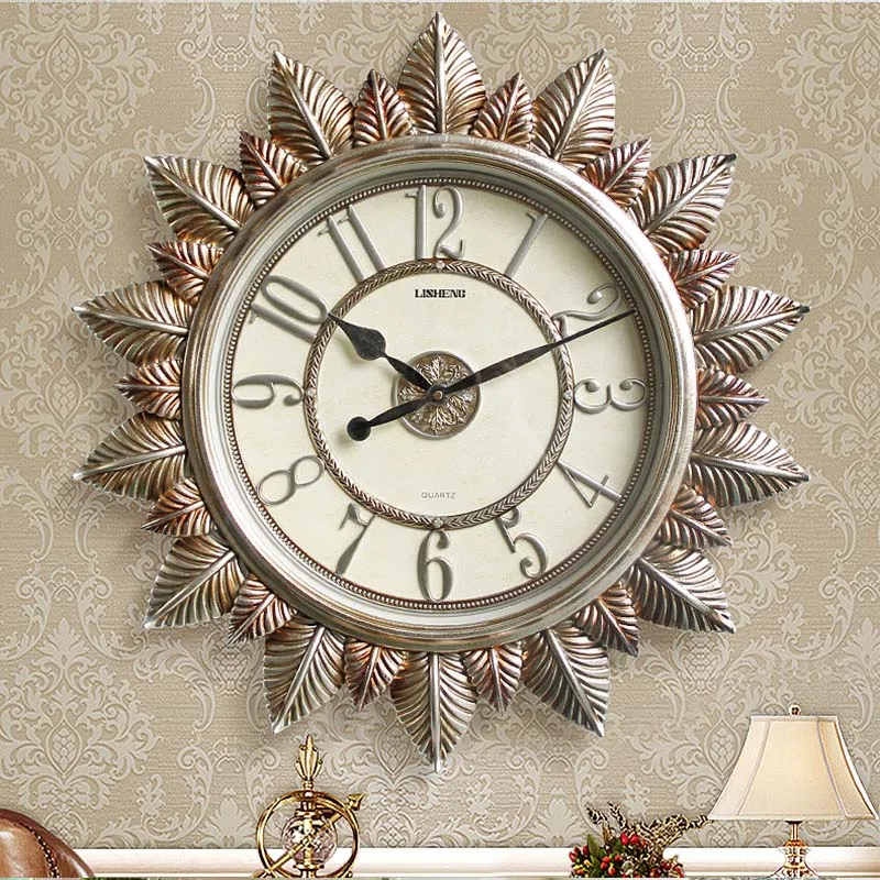 Copper Color Round Mute Large Wall Clock Retro Leaf Shape Clock