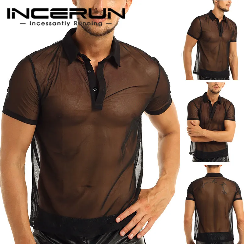 

INCERUN Men's Mesh See-through Fishnet Shirt Fashion Sexy Short Sleeve Nightclub Wear Blouse Man Party Perform Streetwear Tops