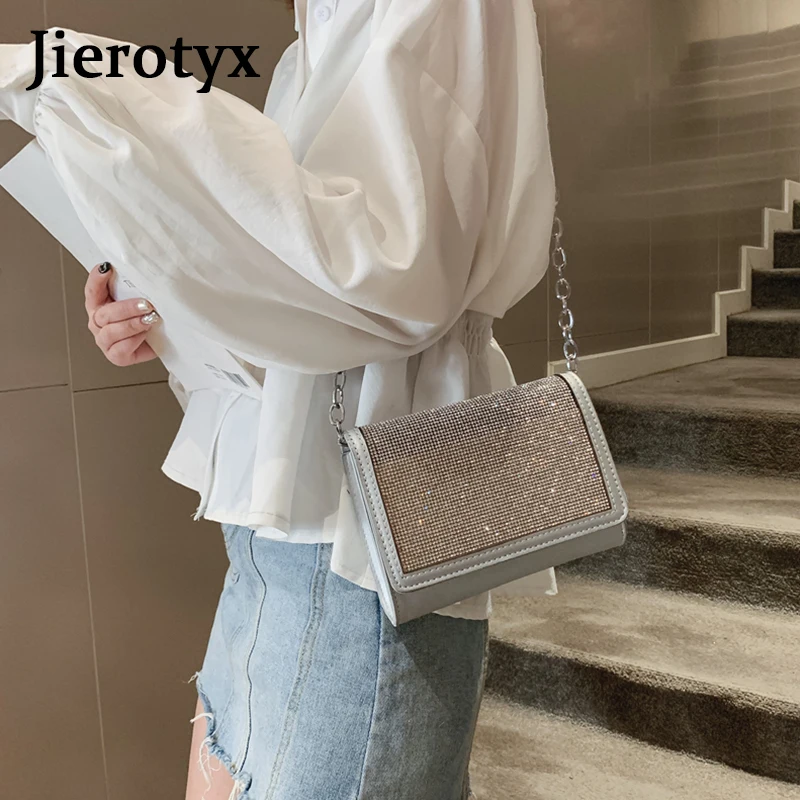 JIEROTYX, черный, серебристый цвет, роскошная модная дамская мини-сумочка на цепочке, сумка через плечо, сумка через плечо, Сумочка для женщин с клапаном