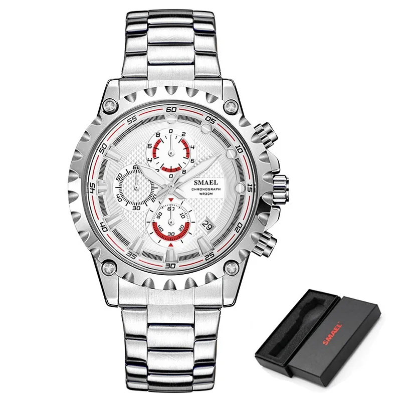 Silver Red SMAEL Модные мужские военные спортивные часы мужские кварцевые часы из нержавеющей стали Хронограф водонепроницаемые часы Дата мужские наручные часы - Цвет: Silver Red