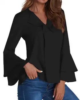 

Women Fashion Solid Ruffles Blouses ZANZEA Long Flare Sleeve V-Neck Sexy Shirt Casual Pullover Tops Ladies Elegant Blusas Mujer