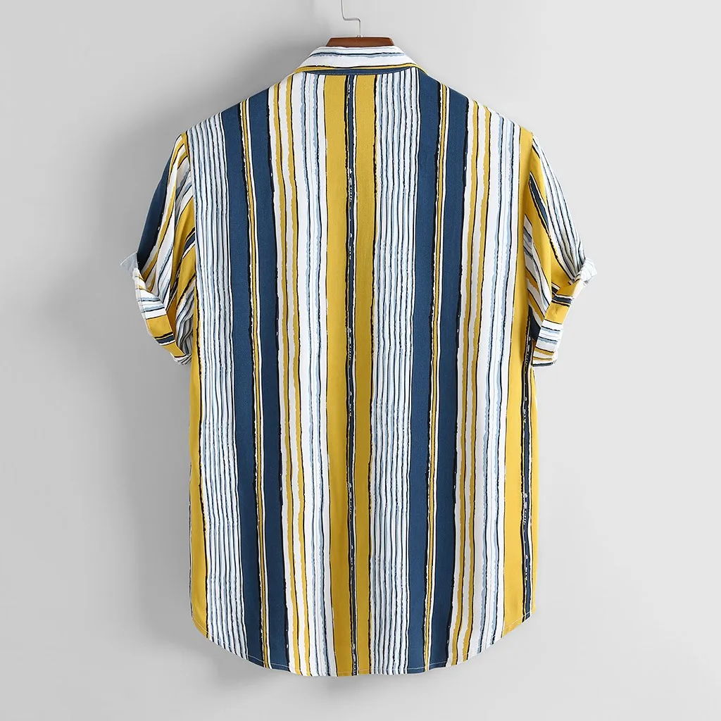 2019 Мужская разноцветная полосатая блузка летняя Свободная Повседневная рубашка с коротким рукавом топы с отложным воротником и