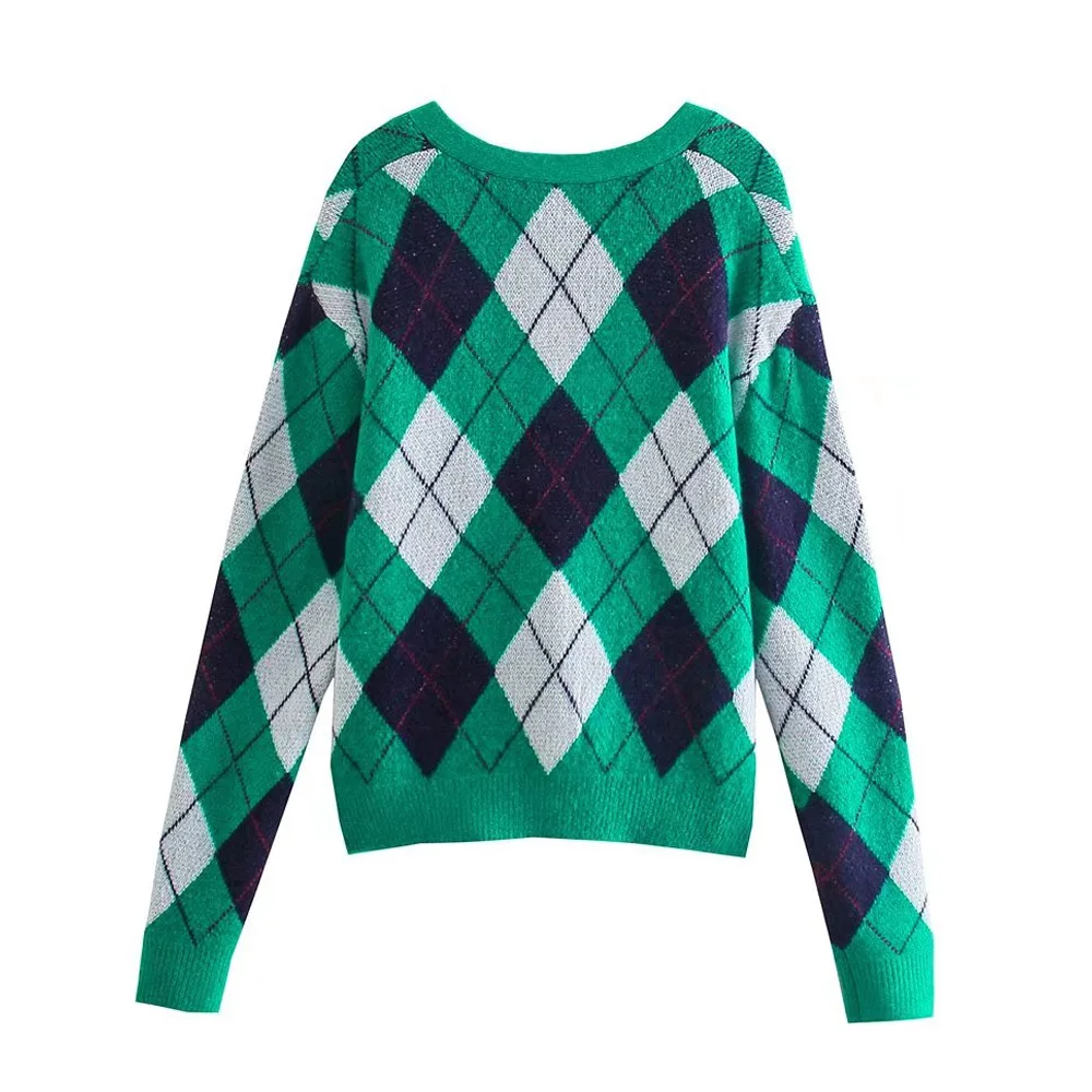 argyle sweater KPYTOMOA Women  Fashion Loose Argyle Knitted Cardigan Sweater Vintage Long Sleeve Button-up Female Outerwear Chic Tops christmas sweatshirt