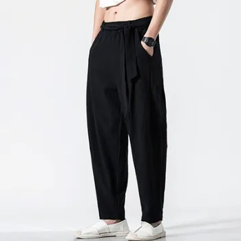 

4 cores dos homens cintura elástica cinto casual solto algodão linho harem pant masculino calças compridas joggers sweatpants