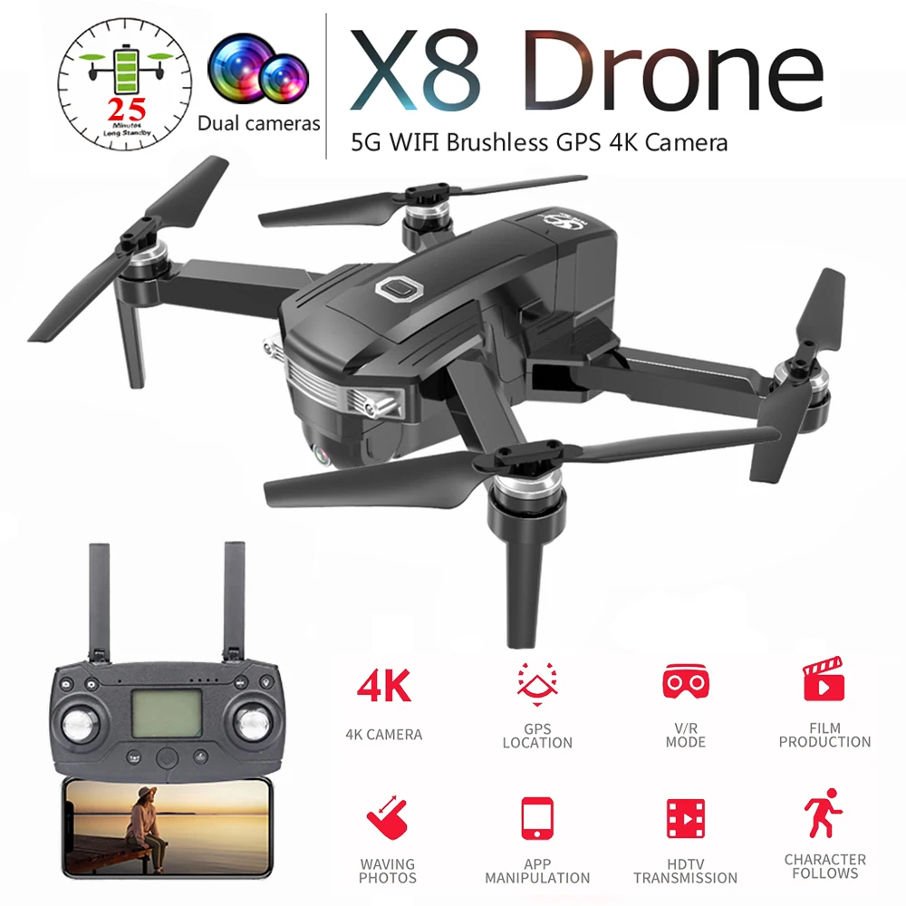 

X8 Foldable Profissional Brushless Drone with Dual Camera 4K HD 5G GPS WiFi FPV Wide Angle RC Quadcopter Helicopter Toy SG906