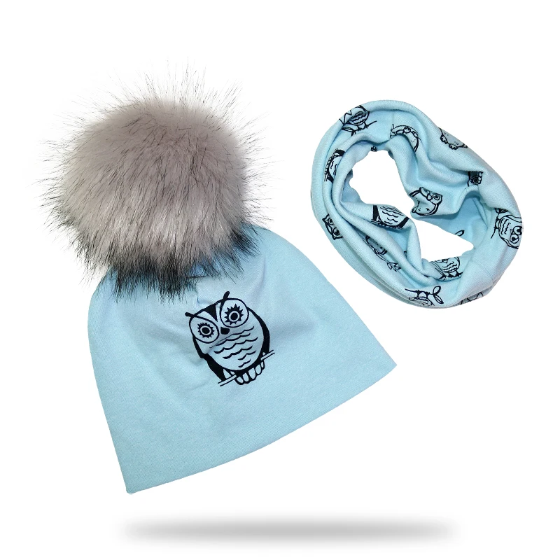 blue owl Детская шапка, хлопковый помпон с искуственным мехом, шапка для мальчика, зимняя шапка, шарф, комплект с принтом, шапка для девочки, шапочка, детская шапка - Цвет: blue owl
