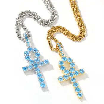 

Zciti Luxury Micro Baby Blue Cubic Zirconia Ankh Cross Pendant Fashion Iced Out Bling Key Of Life Necklace Jewelry