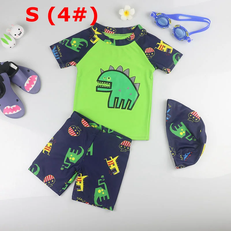 Boy Baby Swimwear Dinosaur Swimming Suit for Boys Short Sleeves Toddler Kids Children's Swimwear Beach Clothes Bathing Suit 3pcs - Цвет: GREEN S